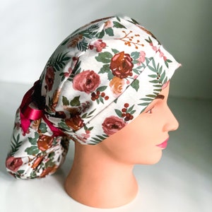 Ponytail scrub hat floral , surgery hat, Scrub hat, OR hats, floral,pink roses, ponytail cap, women’s floral scrub hat