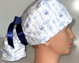 Blue Floral Ponytail Scrub Hat, Vintage Style Bow, scrub cap
