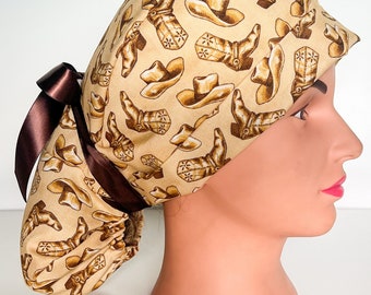 Western Boots Ponytail Scrub Hat, Southwestern Boho Cowgirl Womens surgical cap