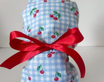 Red Cherry Ponytail Scrub Cap, Blue Gingham Surgery Hat, Womens Cap