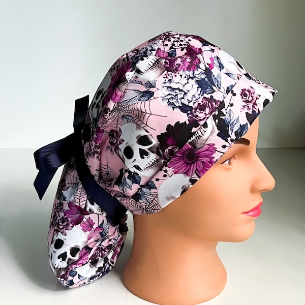 Halloween Ponytail scrub hat, Floral skulls scrub cap, surgery hat, ponytail scrub cap, women’s scrub hat, OR hats,fall, autumn, sunflower