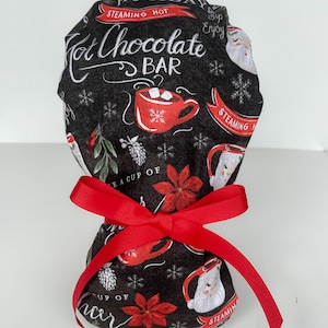 Hot Cocoa Christmas Ponytail scrub hat, Euro Christmas scrub hat, Santa cookies scrub hat, Christmas scrub caps, Hot cocoa scrub hat