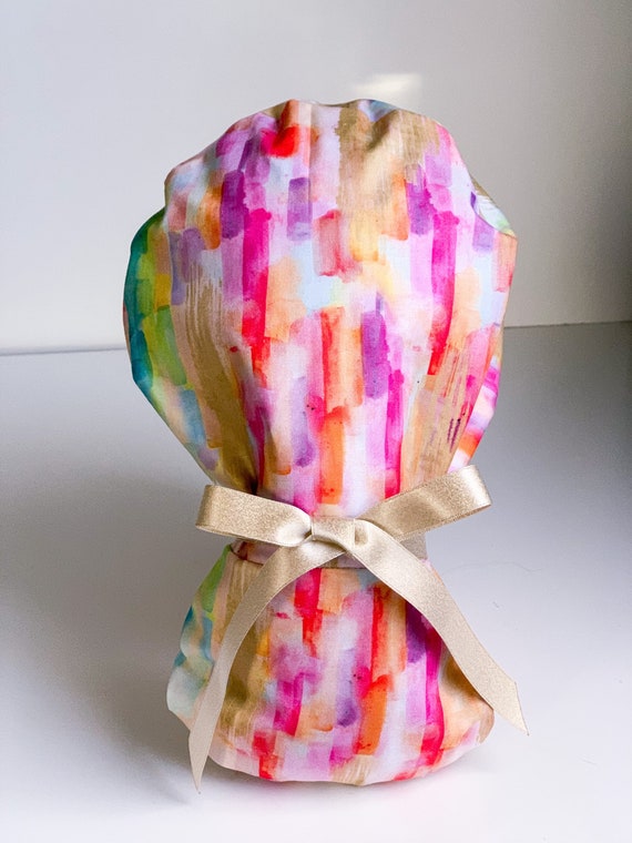 Watercolor Ponytail Scrub Hat, Rainbow Cotton Nurse Cap, Womens caps