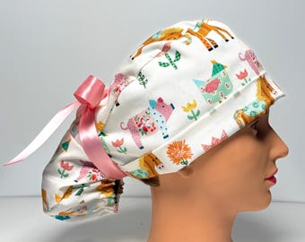 Farm Animals Ponytail Scrub Hat, Patchwork Cotton, Nurse Scrub Cap.