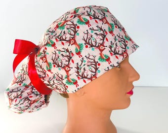 Christmas Ponytail Scrub Hat: Retro Pink Reindeer Scrub Cap, Womens Surgical Cap