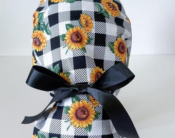 Sunflower Ponytail Scrub Hat, Women's Cotton Scrub Cap, Checkered Scrub Cap, Fall OR Hat