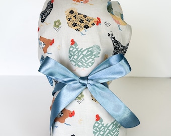 Chicken Print Ponytail Scrub Hat, Women's Farmer Market Surgical Cap