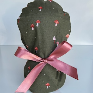 Ponytail Scrub Cap Mushrooms, Olive with white dots, Mauve ribbon, Boho ponytail hat, Womens scrub cap, Floral Mushroom scrub cap