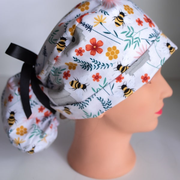 Ponytail scrub hat, surgery hat, ponytail hat,,  OR hats, bee hat, bumblebee, beehive