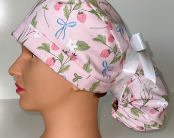 Strawberry Print Ponytail Scrub Hat, Cotton Surgery Cap, White Ribbon Ties, Blue Bow Surgical Hat