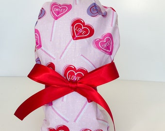 Valentine's Day Ponytail Scrub Cap, Conversation Heart Lollipop Womens surgical hat