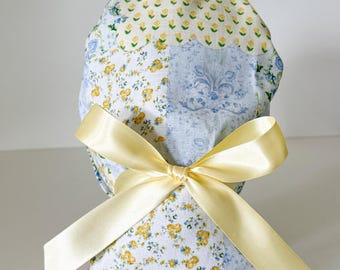 Spring Floral Patchwork Ponytail Scrub Hat, Yellow Surgical Cap