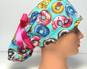 Donuts Ponytail Scrub Hat, Colorful Women's Scrub Cap, Pink Ribbon Ties