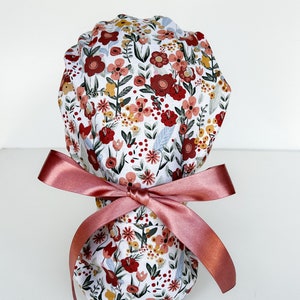 Boho Floral Ponytail Scrub Cap, Ribbon Tie, Mauve Women's Surgical Hat