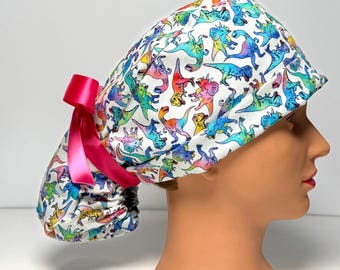 Dinosaur Print Ponytail Scrub Cap, Women's Cotton Scrub Hat, Multicolor
