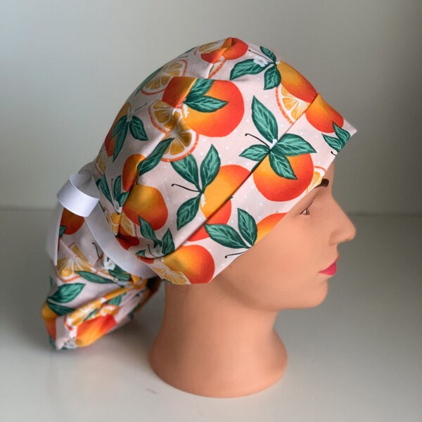 Ponytail scrub hat oranges, surgery hat, ponytail scrub cap, OR hats, tangerine, fruity, tropical, orange