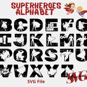 Paquete de alfabeto de superhéroes SVG, alfabeto ABC de superhéroes, letras de héroes SVG, archivos de corte