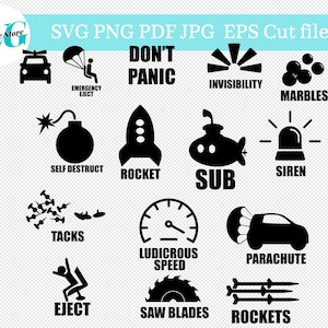 AutoEtiketten SVG PNG PDF Jpg Eps Cut Files, Sofort Download, Rakete, Sub, Notfallauswurf, Unsichtbarkeit, Fallschirm, Sub
