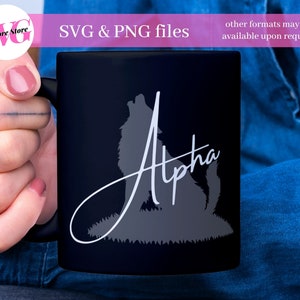 May include: Black ceramic mug featuring a gray silhouette of a howling wolf with the word "Alpha" in white script. The mug has a black handle and a simple design, suitable for coffee or tea. The mug is a great gift for wolf lovers.
