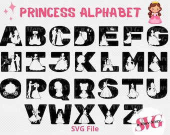 Principessa, pacchetto alfabeto SVG, alfabeto ABC principessa, lettere di compleanno per bambine SVG, file di taglio, monogramma da donna
