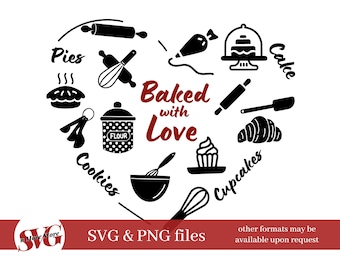 Al forno con amore cuore SVG PNG - Farmhouse Kitchen Decor Svg - Regalo mamma personalizzato svg - Cake Cookies Pies Rolling Pin Mixer