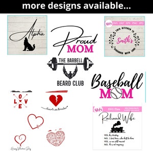 May include: A collection of digital cut files for crafting projects. The designs include a wolf with the word "Alpha", a barbell with the words "The Barbell" and "Beard Club", a heart with the words "Heart Breaker", a heart with the words "Love", a heart with the words "Happy Valentine's Day", a heart with the words "Love", a heart with the words "Always & Forever", a heart with the words "Proud Mom", a wreath with the words "This Kitchen is Smith's Seasoned with Love", a baseball with the words "Baseball Mom", and a train with the words "Railroad Wife" and a list of yes and no questions.