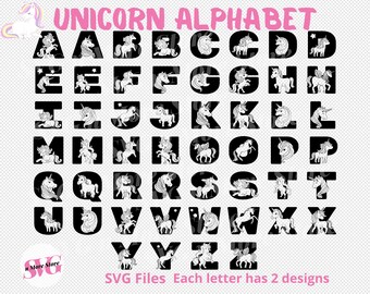 Unicorn Alphabet Bundle SVG, 2 disegni per ogni lettera, Unicorn Birthday ABC Alphabet, Unicorn Letters, Cut Files, Monogram, Girl Birthday