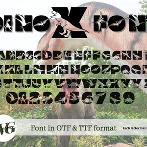 May include: A black and white font design called "Dino X Font" with each letter made up of two dinosaur silhouettes. The font includes uppercase letters, numbers, and the text "Font in OTF & TTF format. Each letter has 2 Dino's."