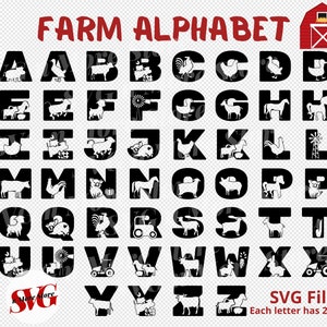 Pacote de alfabeto de fazenda SVG, alfabeto ABC de animais de fazenda, letras de pato de vaca porco svg, arquivos cortados, monograma de fazenda
