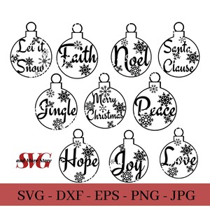 11 Adornos navideños SVG Fe, Déjalo nevar, Noel, Santa Claus, Jingle, Campanas, Feliz Navidad, Paz, Alegría, Amor, Esperanza