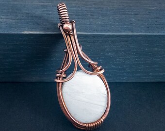 Scolecite Copper Pendant Necklace, Simple Elegant Copper Wire Wrapped White Scolecite, Handmade Unisex Mens Jewelry Wire Pendant