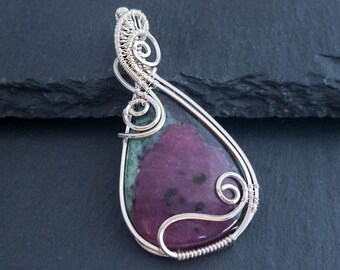 Handmade Ruby Zoisite 925 Sterling Silver Wire Wrapped Pendant
