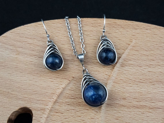 Lapis Lazuli Sterling Silver Jewelry Set: Wire Wrapped Earrings & Pendant