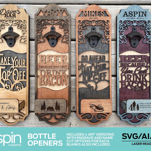 Bottle Openers - 4 Variations -Digital Laser Ready File - SVG/AI/PDF