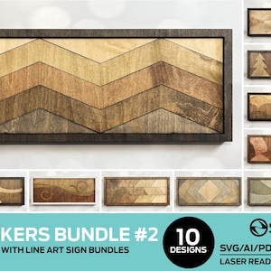 May include: A set of 10 digital wood grain backer designs for use with line art sign bundles. The designs are in a variety of patterns, including chevron, geometric, and swirl. The text "Backers Bundle #2" and "10 Designs" is visible in the image. The text "SVG/AI/PDF/DXF Laser Ready Files" is also visible in the image.