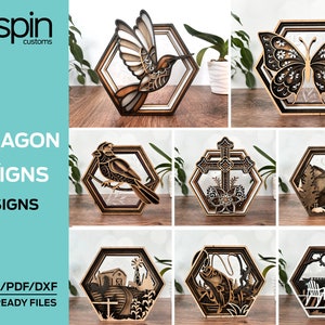 Hexagon Shadow Box Design - Laser Ready file - 8 Designs - Glowforge and All Lasers