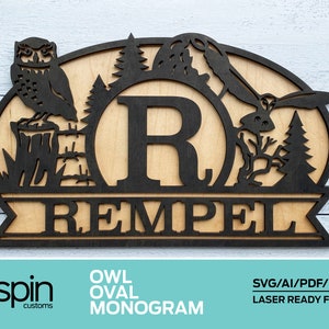Owl Oval Monogram - Laser Ready Cut Files - Customizable