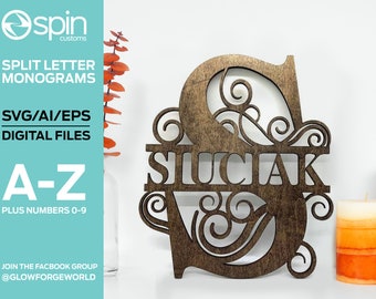 Split Letter Monograms Swirls - ALPHABET - 26 Letters - Digital Laser Cut file - Glowforge - svg/eps/ai