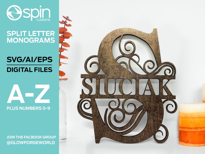 Split Letter Monograms Swirls ALPHABET 26 Letters Digital Laser Cut file Glowforge svg/eps/ai image 1