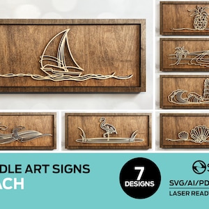Può includere: Set di sette insegne in legno tagliate al laser a tema spiaggia. Le insegne in legno scuro presentano disegni come una barca a vela, un ananas, onde, un faro, un fenicottero e conchiglie. Adatto per la decorazione murale.