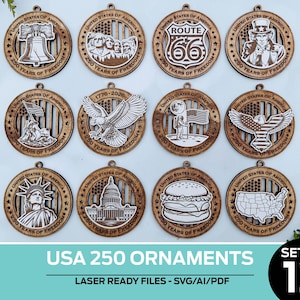 May include: Set of 12 wooden ornaments with patriotic designs, including the Liberty Bell, Mount Rushmore, Route 66, and Uncle Sam. Each ornament is circular with the text "United States of America" and "250 Years of Freedom."