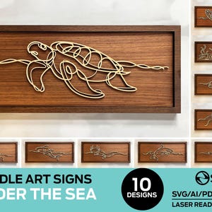 May include: A set of 10 digital cut files featuring doodle art designs of sea creatures. The designs include a sea turtle, a whale, a dolphin, a starfish, a jellyfish, and more. The files are available in SVG, AI, PDF, and DXF formats and are laser ready.