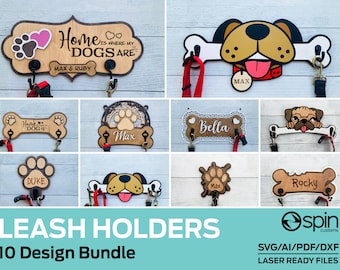 May include: A bundle of 10 laser-ready digital files for creating dog leash holders. The designs include a bone-shaped holder with a dog's face, a paw print with a dog's name, and a sign that says "Home is where my dogs are".