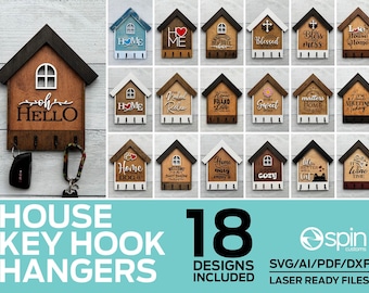 House Shaped Key Hangers - 18 Designs - Laser Ready file - Glowforge and All Lasers