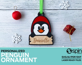 PENGUIN Head Christmas Ornament - Personalizable - Laser ready file - Glowforge and other lasers