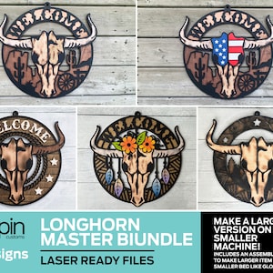 Puede incluir: Un conjunto de cinco archivos listos para láser para crear diseños de cráneos de Longhorn. Los diseños incluyen un letrero de bienvenida, un letrero con una bandera estadounidense, un letrero con flores, un letrero con estrellas y un letrero con un fondo de madera. Los archivos son perfectos para crear una decoración del hogar única y personalizada.