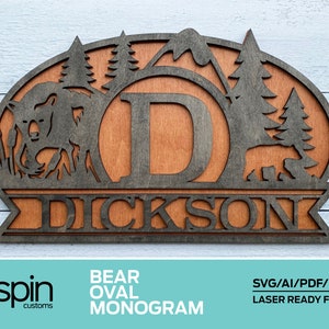 May include: A wooden sign with a bear and trees design. The sign features a large oval letter "D" and the name "DICKSON" in a banner below. The sign is laser cut and ready to be assembled.