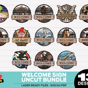 May include: A digital bundle of 13 circular sign designs featuring various illustrations including an alien, bear, bison, butterfly, duck, eagle, gnome, heron, horse, deer, orca, cowboy, and sea turtle with text like WELCOME, GO AWAY, and HUNT LIFE.