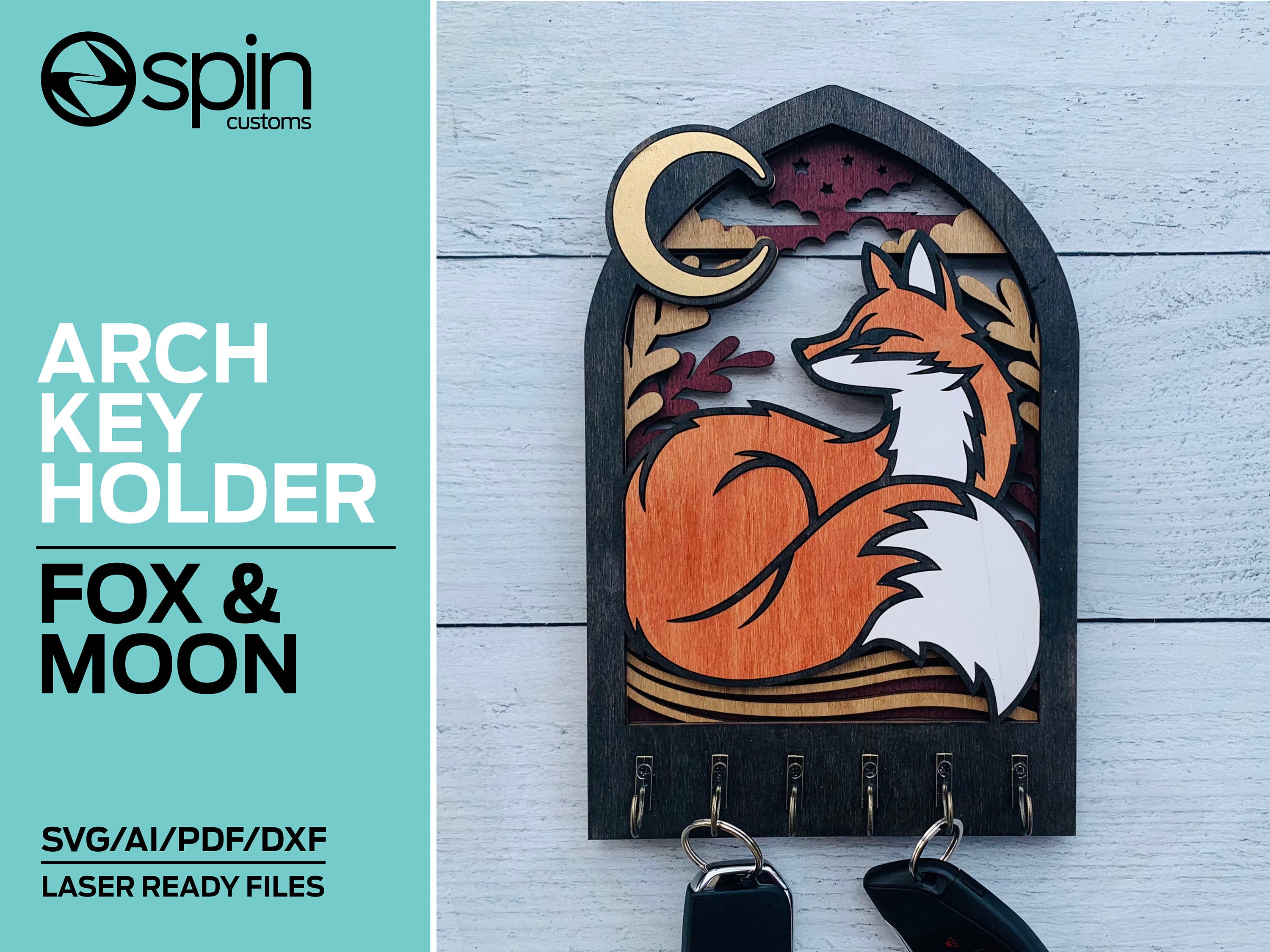 Fox & Moon Arch Key Hanger or Decor - Laser Ready File - Glowforge