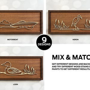 May include: Nine different wood wall art designs featuring a motorboat, heron, loon, and more. The designs are laser cut and ready to be stained or painted. Mix and match to create a unique look for your home.